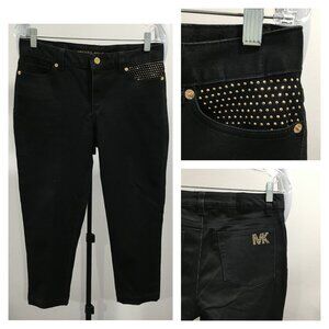 MICHAEL KORS Black Wash Gold Studs Logo Cropped 5 Pocket Jeans